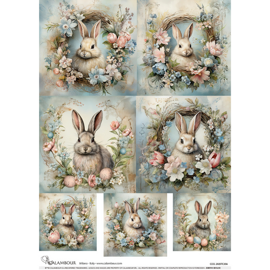 Calambour - A3 Decoupage Paper - Spring Wreaths Framed Bunny Portraits