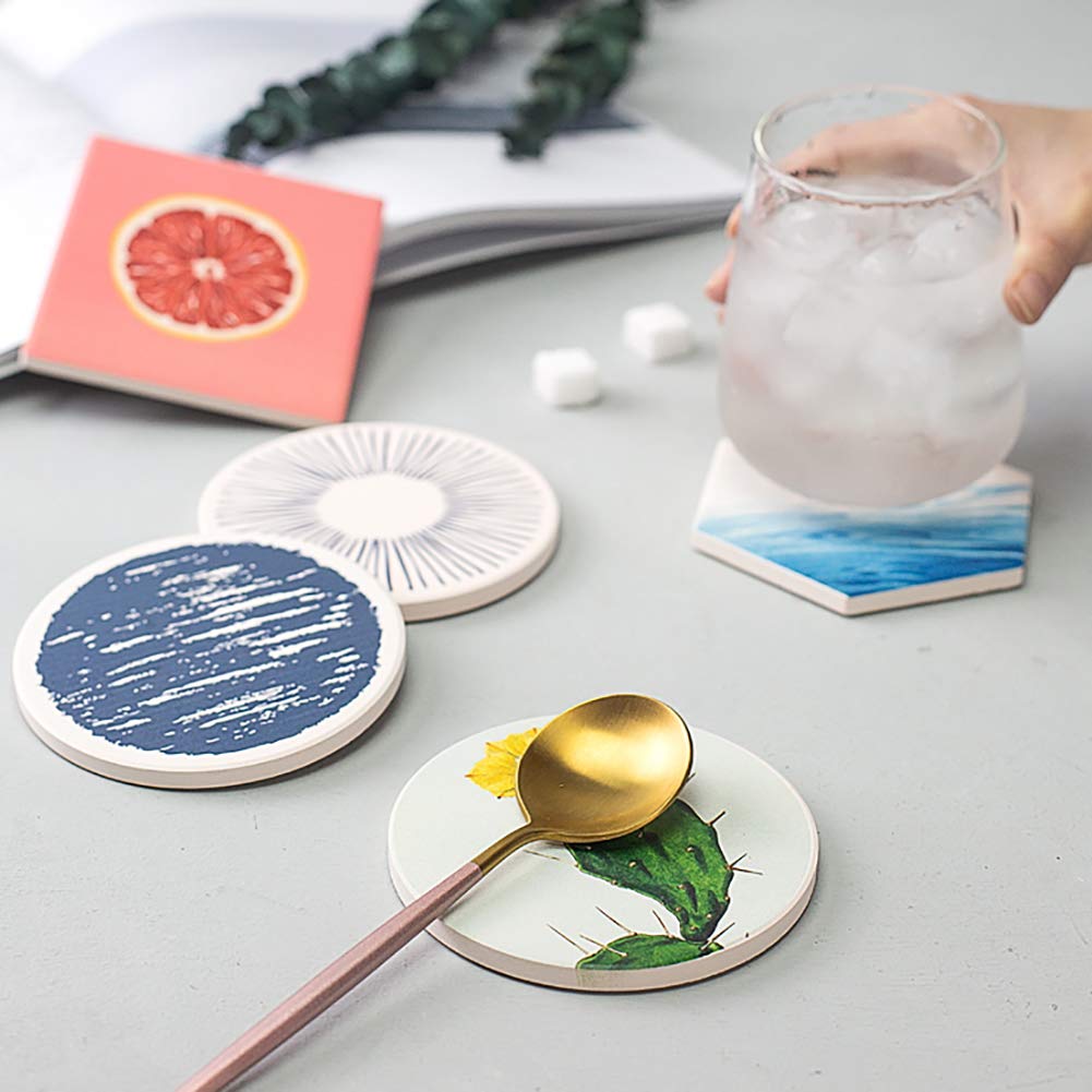 HooAMI Sublimation Blanks Coaster for Drinks, Absorbent Ceramic Stone Coaster Set with Cork Backing Pads, Heat Transfer Cup Coasters for Home Decor,Set of 6 (Round)
