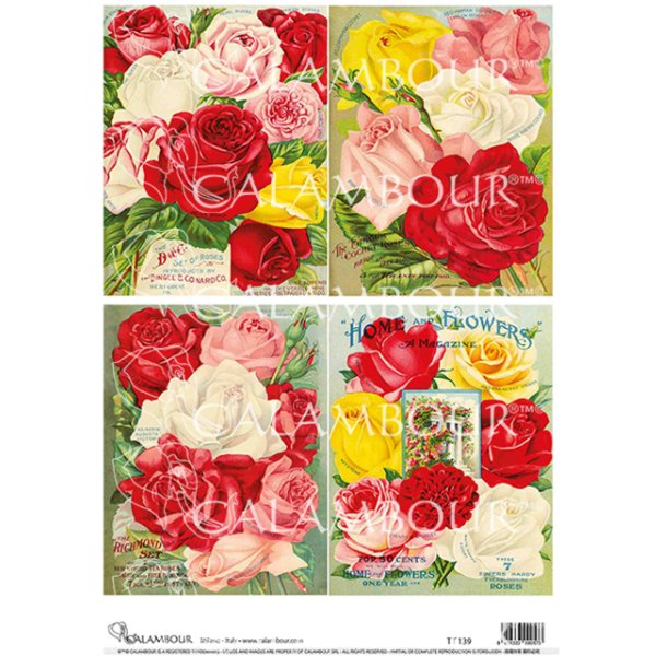 Calambour - Red Pink White and Yellow Roses - A4 Decoupage Paper - Rustic River Home